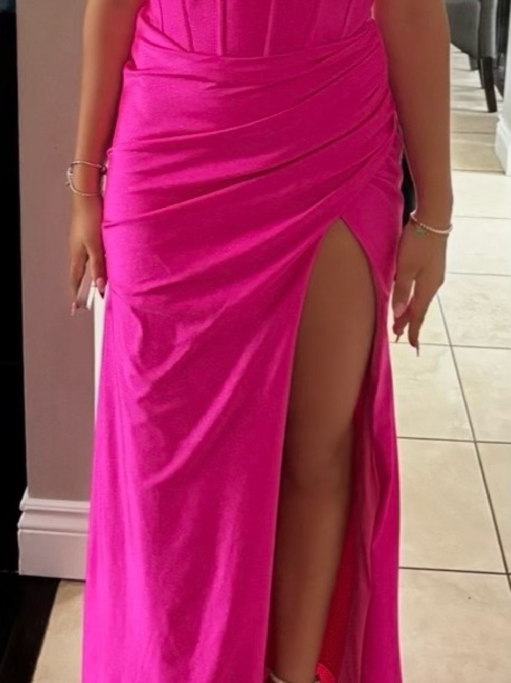 Hot Pink Ruched High-Slit Evening Gown